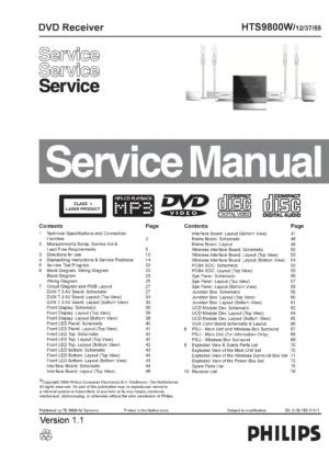 Philips hts9800w service manual cover with picture of the device, model type and number, table of contents, manual version and publication year.