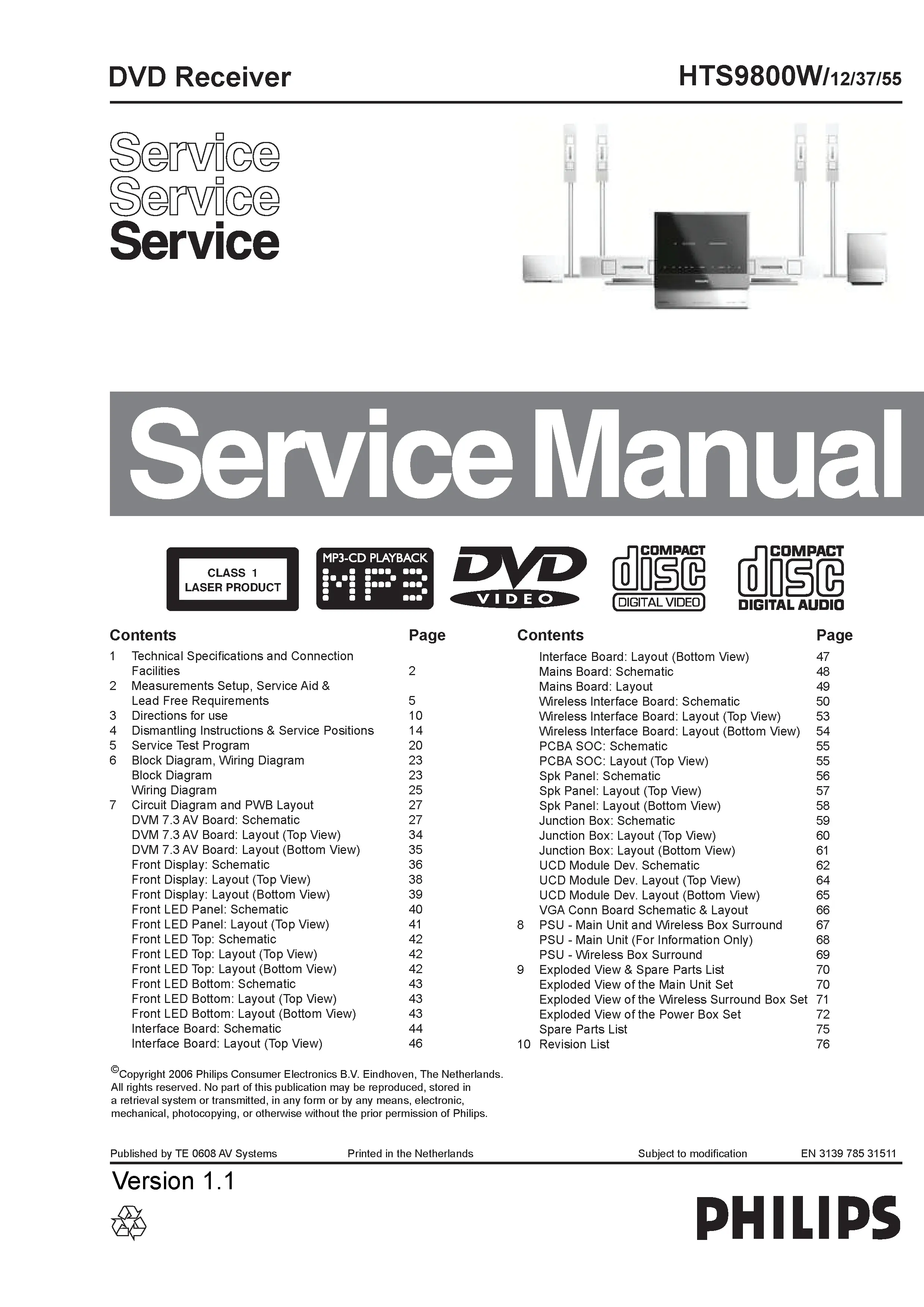Philips hts9800w service manual cover with picture of the device, model type and number, table of contents, manual version and publication year.