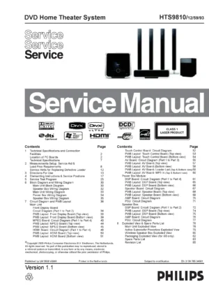 Philips hts9810 service manual cover with picture of the device, model type and number, table of contents, manual version and publication year.