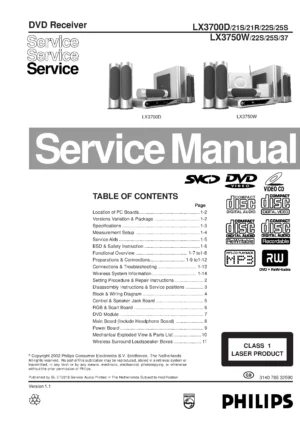 Philips lx3750w lx3700w service manual cover with picture of the device, model type and number, table of contents, manual version and publication year.