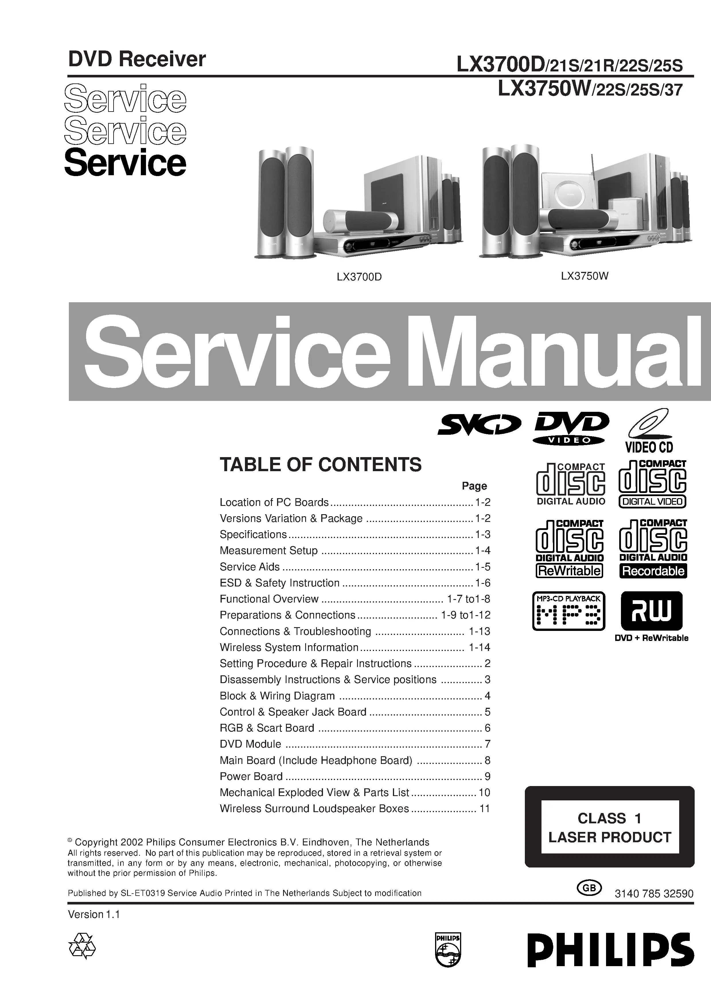 Philips lx3750w lx3700w service manual cover with picture of the device, model type and number, table of contents, manual version and publication year.