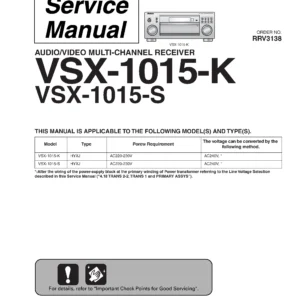 Pioneer vsx 1015 series service manual cover with line draw image of the receiver, model type and number, manual issue date and document number