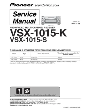 Pioneer vsx 1015 series service manual cover with line draw image of the receiver, model type and number, manual issue date and document number