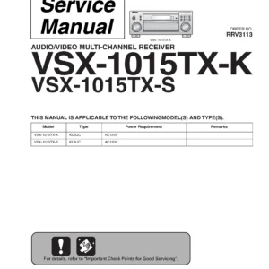 Pioneer vsx 1015tx service manual cover with line draw image of the receiver, model type and number, manual issue date and document number