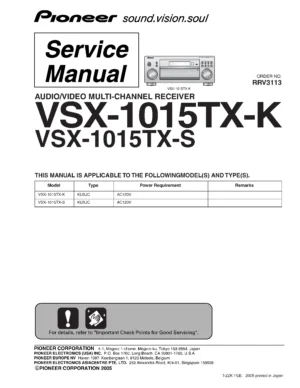 Pioneer vsx 1015tx service manual cover with line draw image of the receiver, model type and number, manual issue date and document number