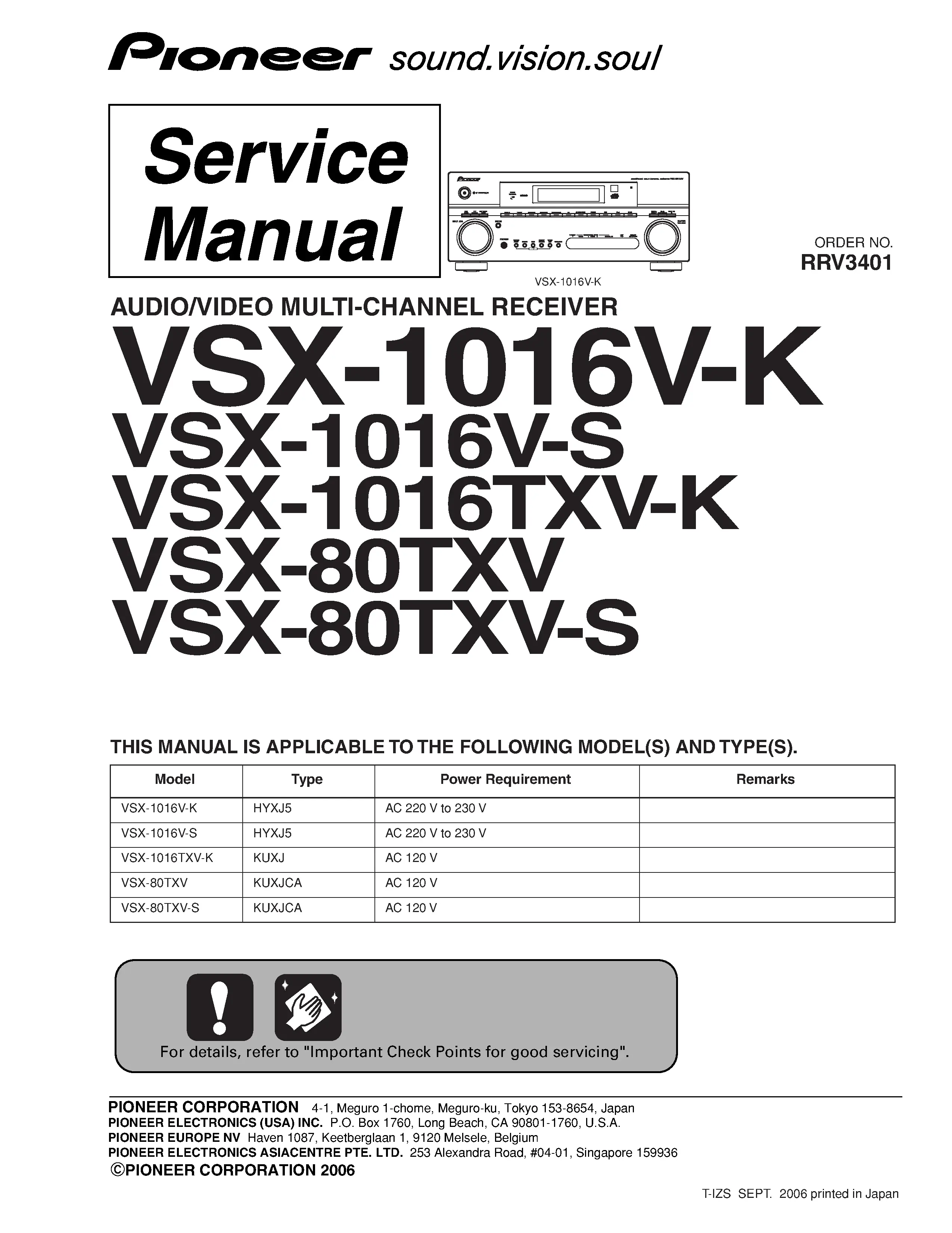 Pioneer vsx 1016v k, 1016v s, 1016txv k service manual cover with line draw image of the receiver, model type and number, manual issue date and document number