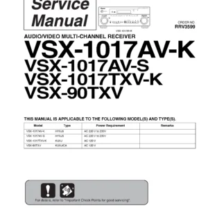 Pioneer vsx 1017av k, 1017av s, 1017txv k service manual cover with line draw image of the receiver, model type and number, manual issue date and document number
