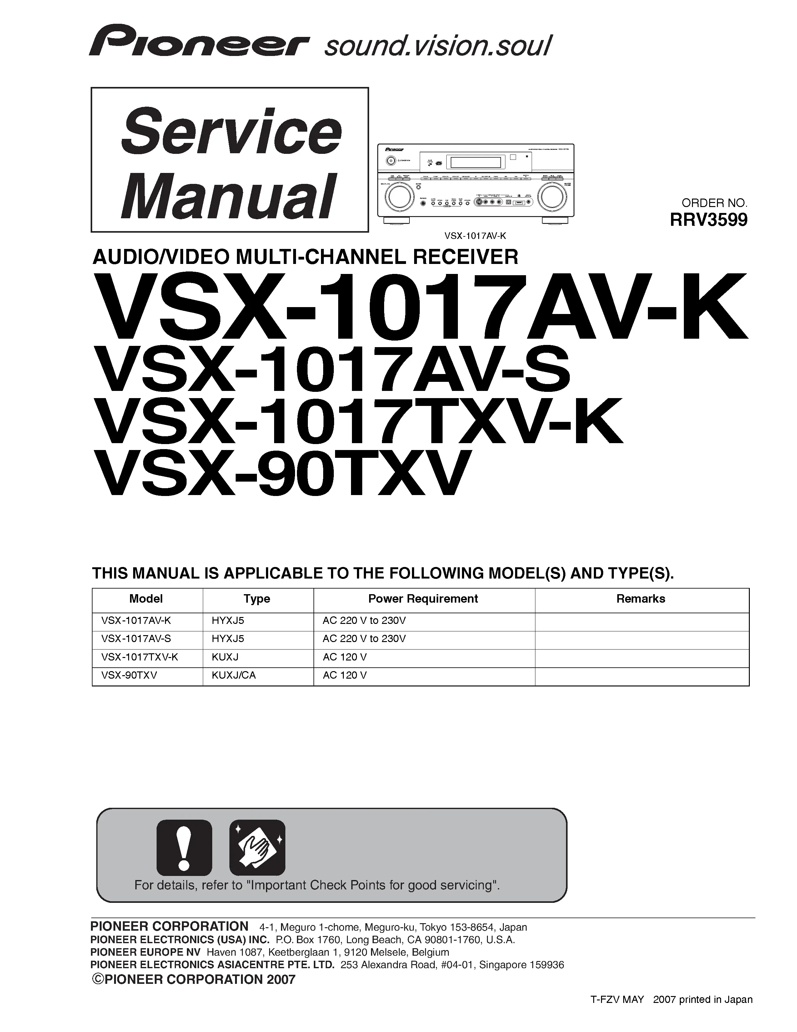Pioneer vsx 1017av k, 1017av s, 1017txv k service manual cover with line draw image of the receiver, model type and number, manual issue date and document number