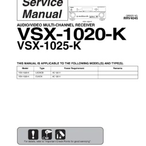 Pioneer vsx 1020 vsx 1025 service manual cover with line draw image of the receiver, model type and number, manual issue date and document number