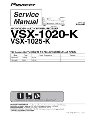 Pioneer vsx 1020 vsx 1025 service manual cover with line draw image of the receiver, model type and number, manual issue date and document number