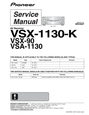Pioneer vsx 1130 k elite vsx 90 receiver 134 service manual cover with line draw image of the receiver, model type and number, manual issue date and document number