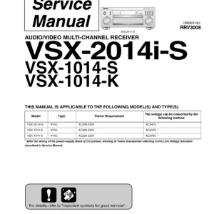 Pioneer vsx 2014i s 1014 k 1014 s service manual cover with line draw image of the receiver, model type and number, manual issue date and document number