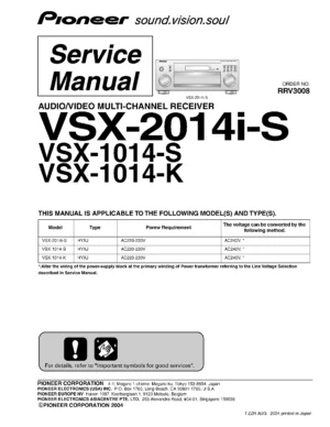 Pioneer vsx 2014i s 1014 k 1014 s service manual cover with line draw image of the receiver, model type and number, manual issue date and document number