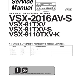Pioneer vsx 2016av s service manual cover with line draw image of the receiver, model type and number, manual issue date and document number