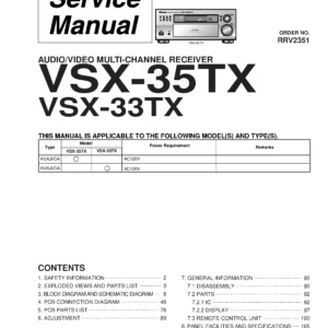 Pioneer vsx 33tx 35tx service manual cover with line draw image of the receiver, model type and number, manual issue date and document number