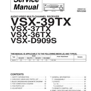 Pioneer vsx 36tx 37tx 39tx d909s service manual cover with line draw image of the receiver, model type and number, manual issue date and document number