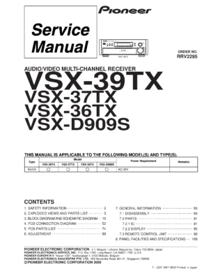Pioneer vsx 36tx 37tx 39tx d909s service manual cover with line draw image of the receiver, model type and number, manual issue date and document number