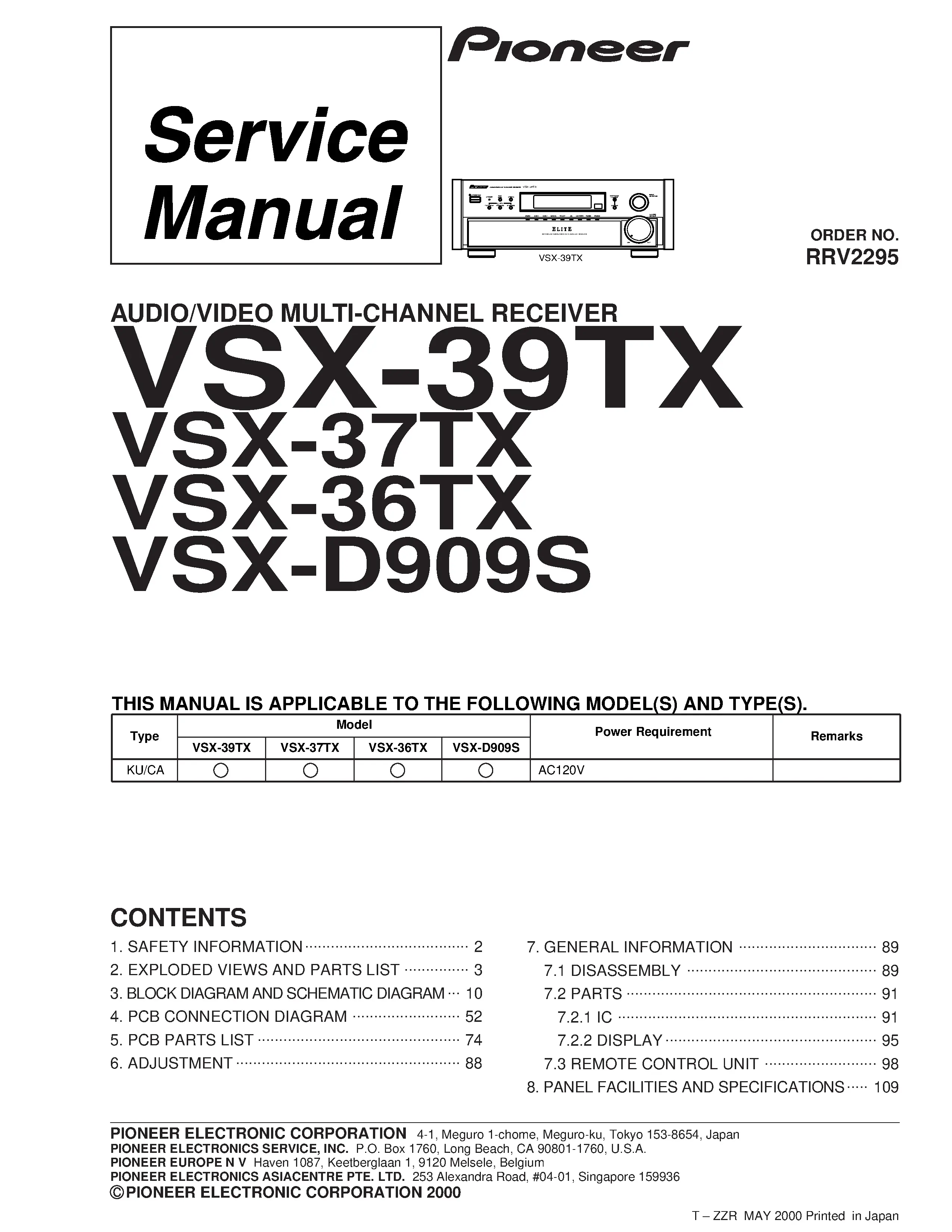 Pioneer vsx 36tx 37tx 39tx d909s service manual cover with line draw image of the receiver, model type and number, manual issue date and document number