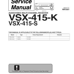 Pioneer vsx 415 service manual cover with line draw image of the receiver, model type and number, manual issue date and document number