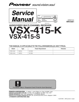 Pioneer vsx 415 service manual cover with line draw image of the receiver, model type and number, manual issue date and document number