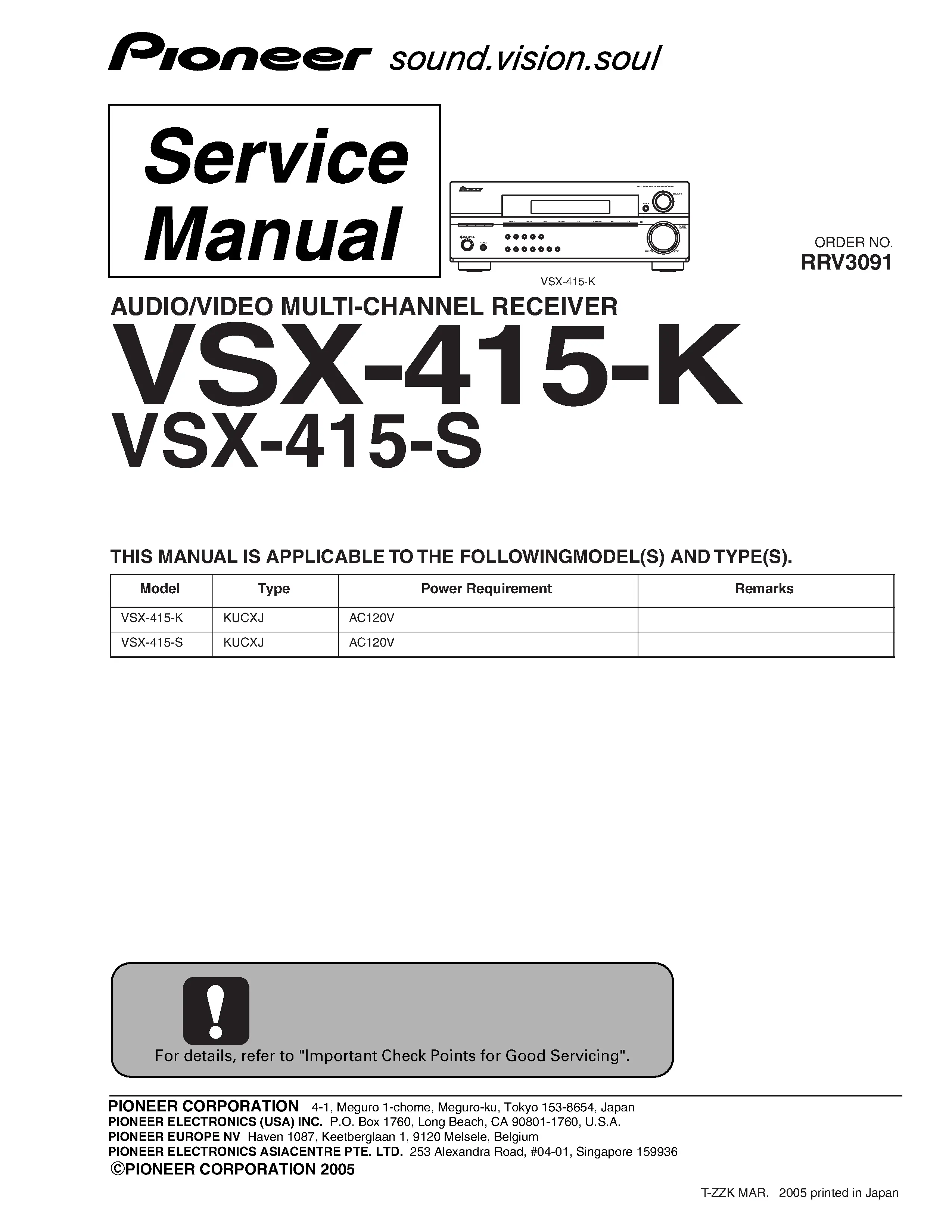 Pioneer vsx 415 service manual cover with line draw image of the receiver, model type and number, manual issue date and document number