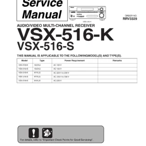 Pioneer vsx 416 service manual cover with line draw image of the receiver, model type and number, manual issue date and document number