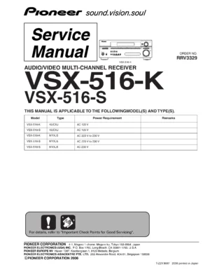 Pioneer vsx 416 service manual cover with line draw image of the receiver, model type and number, manual issue date and document number