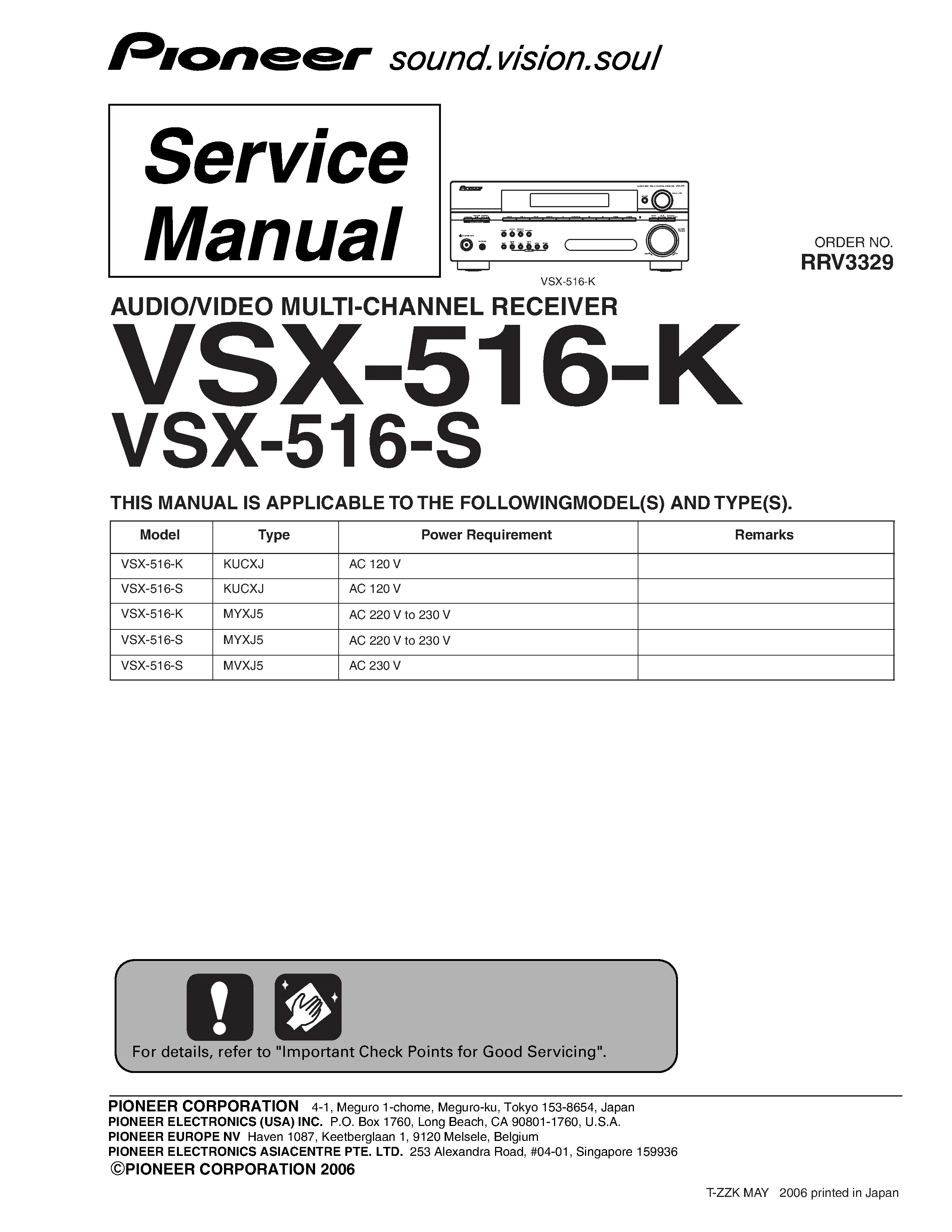 Pioneer vsx 416 service manual cover with line draw image of the receiver, model type and number, manual issue date and document number