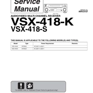 Pioneer vsx 418 service manual cover with line draw image of the receiver, model type and number, manual issue date and document number