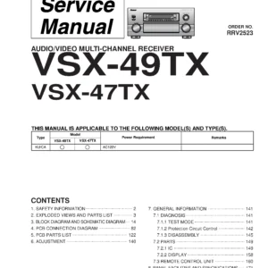Pioneer vsx 49tx 47tx service manual cover with line draw image of the receiver, model type and number, manual issue date and document number