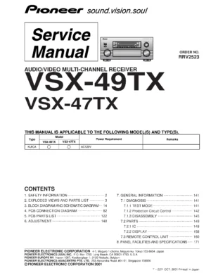 Pioneer vsx 49tx 47tx service manual cover with line draw image of the receiver, model type and number, manual issue date and document number