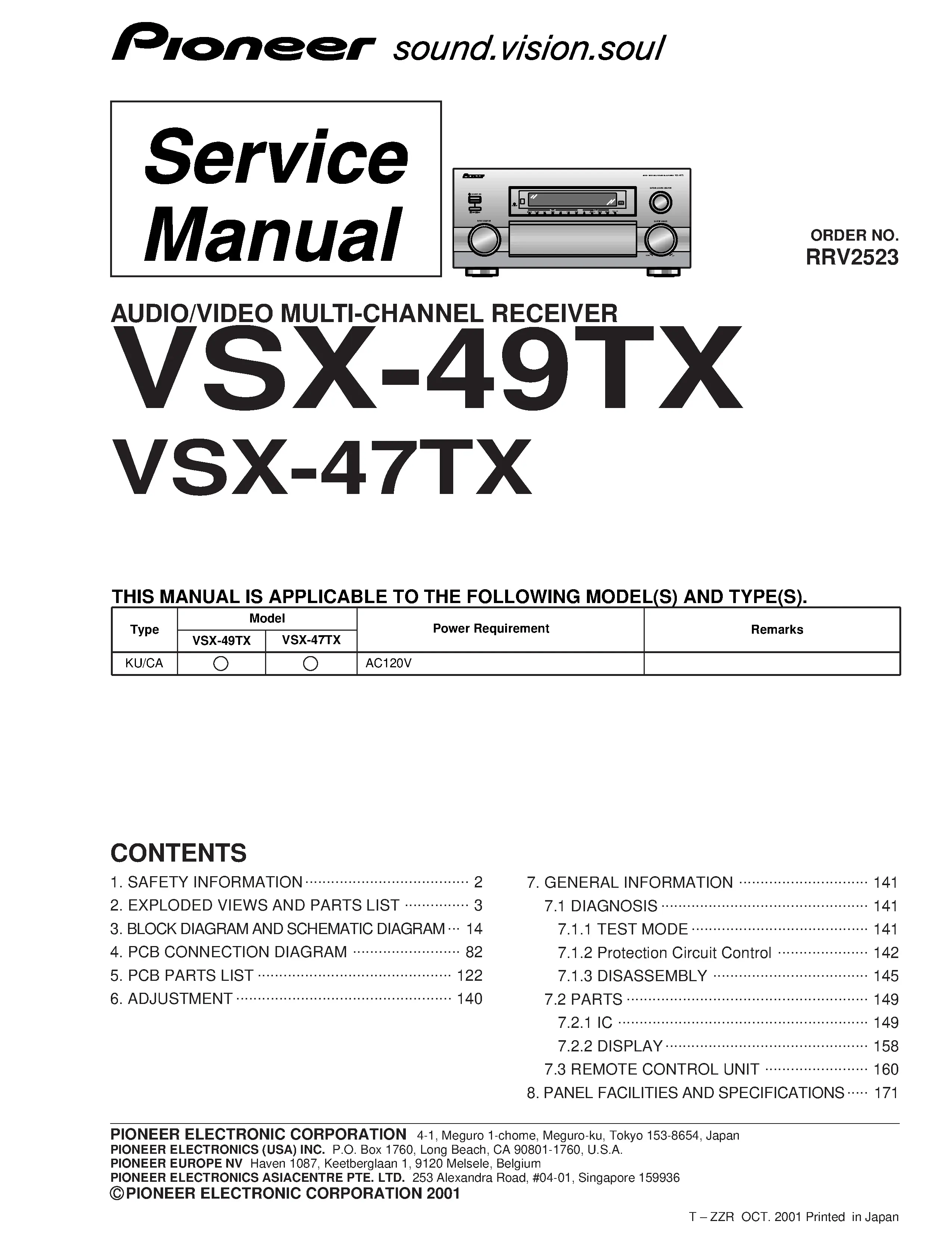 Pioneer vsx 49tx 47tx service manual cover with line draw image of the receiver, model type and number, manual issue date and document number