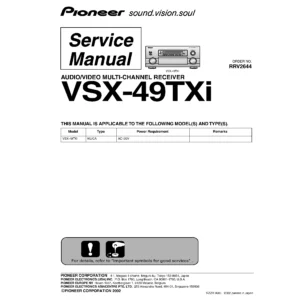 Pioneer vsx 49txi service manual cover with line draw image of the receiver, model type and number, manual issue date and document number
