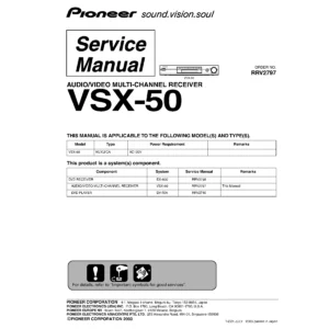 Pioneer vsx 50 service manual cover with line draw image of the receiver, model type and number, manual issue date and document number
