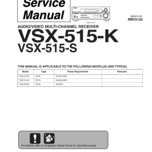 Pioneer vsx 515 k 515 s service manual cover with line draw image of the receiver, model type and number, manual issue date and document number