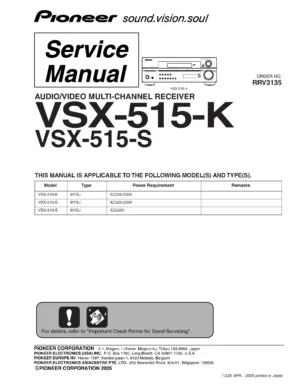 Pioneer vsx 515 k 515 s service manual cover with line draw image of the receiver, model type and number, manual issue date and document number