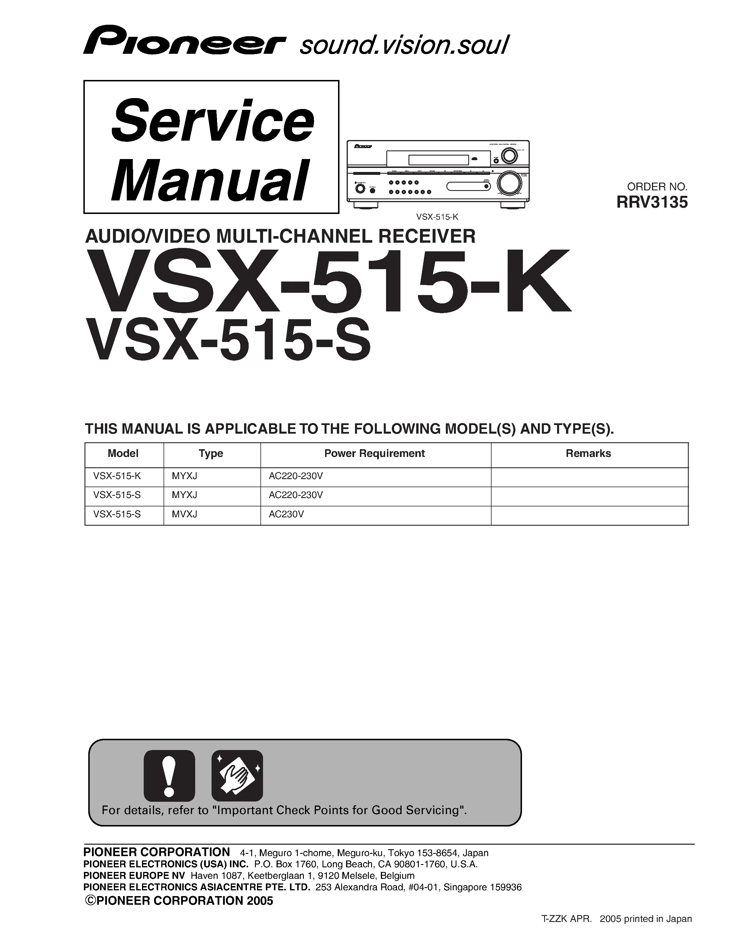 Pioneer vsx 515 k 515 s service manual cover with line draw image of the receiver, model type and number, manual issue date and document number
