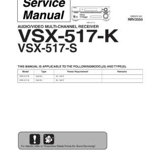 Pioneer vsx 517 service manual cover with line draw image of the receiver, model type and number, manual issue date and document number