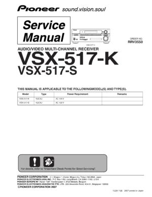 Pioneer vsx 517 service manual cover with line draw image of the receiver, model type and number, manual issue date and document number