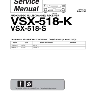 Pioneer vsx 518 service manual cover with line draw image of the receiver, model type and number, manual issue date and document number