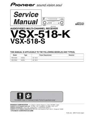 Pioneer vsx 518 service manual cover with line draw image of the receiver, model type and number, manual issue date and document number