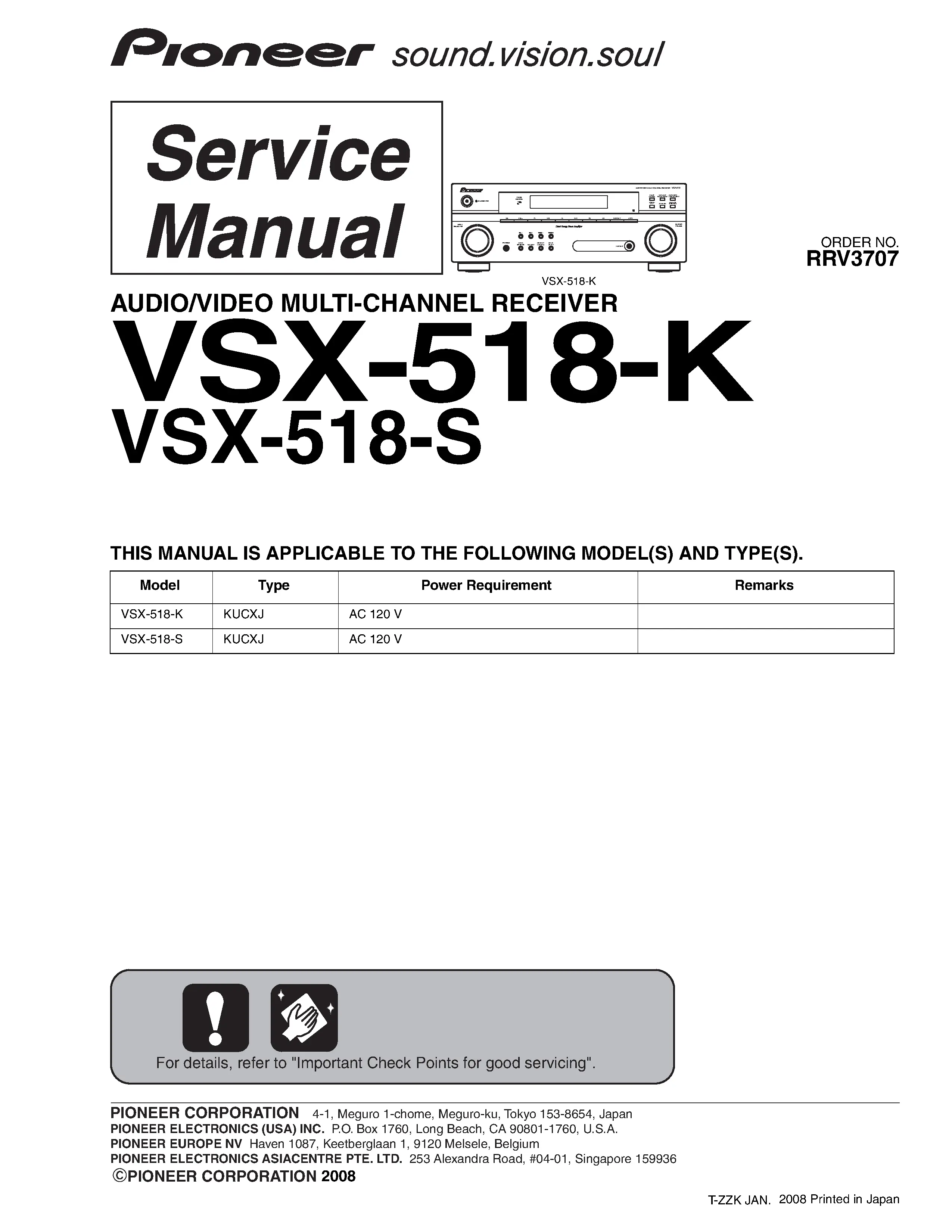 Pioneer vsx 518 service manual cover with line draw image of the receiver, model type and number, manual issue date and document number