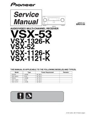Pioneer vsx 52 53 1121 1126 1326 service manual service manual cover with line draw image of the receiver, model type and number, manual issue date and document number