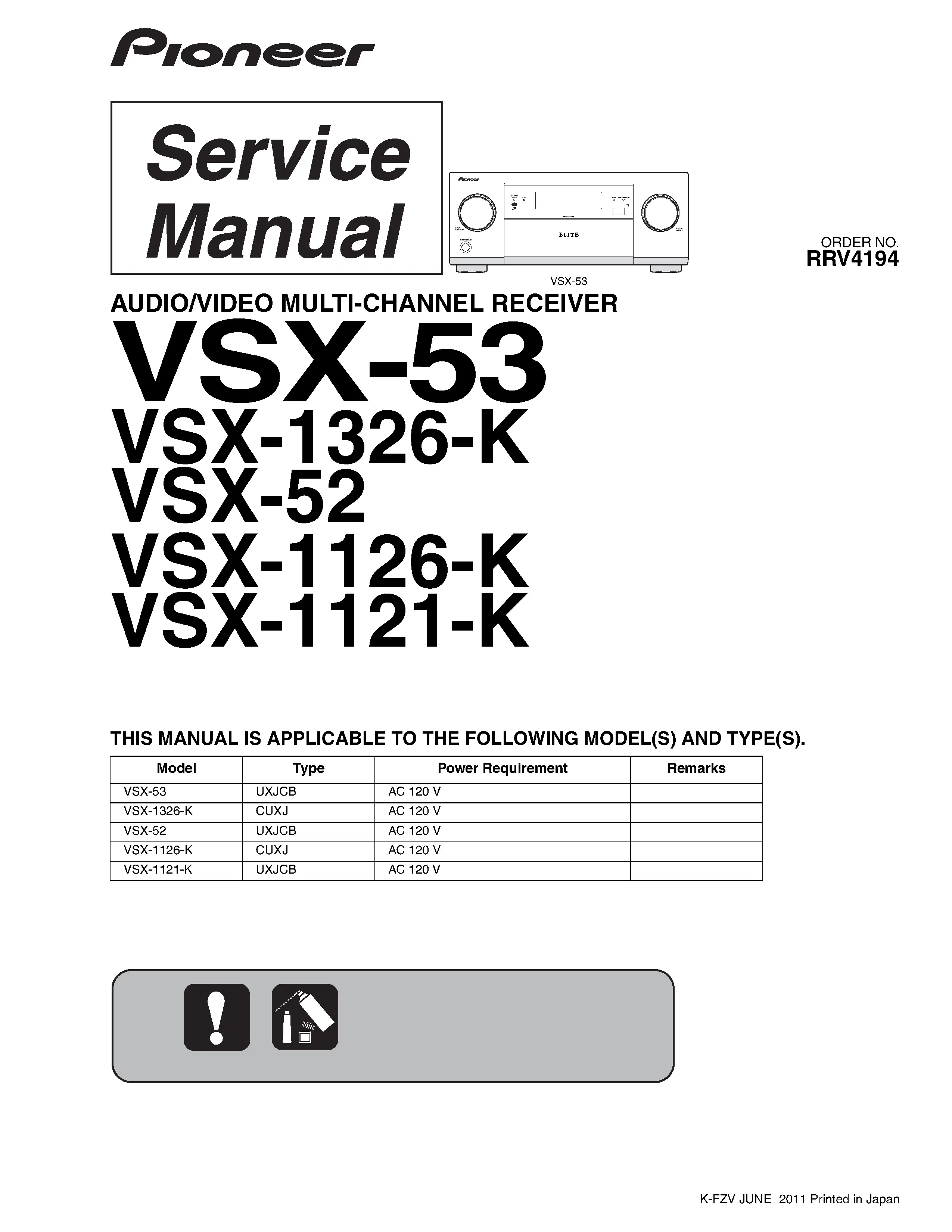 Pioneer vsx 52 53 1121 1126 1326 service manual service manual cover with line draw image of the receiver, model type and number, manual issue date and document number