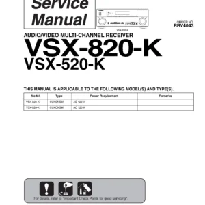 Pioneer vsx 520 service manual cover with line draw image of the receiver, model type and number, manual issue date and document number