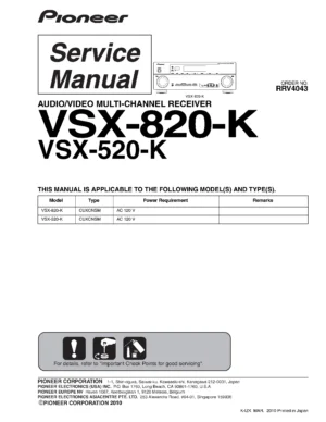 Pioneer vsx 520 service manual cover with line draw image of the receiver, model type and number, manual issue date and document number