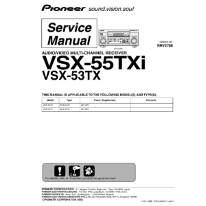Pioneer vsx 53tx 55txi service manual cover with line draw image of the receiver, model type and number, manual issue date and document number