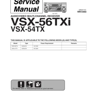 Pioneer vsx 56txi 54tx service manual cover with line draw image of the receiver, model type and number, manual issue date and document number