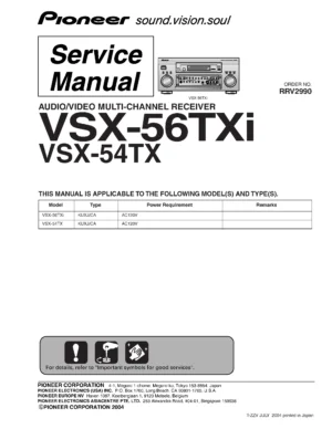Pioneer vsx 56txi 54tx service manual cover with line draw image of the receiver, model type and number, manual issue date and document number