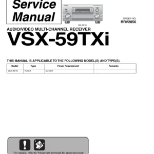 Pioneer vsx 59txi service manual cover with line draw image of the receiver, model type and number, manual issue date and document number